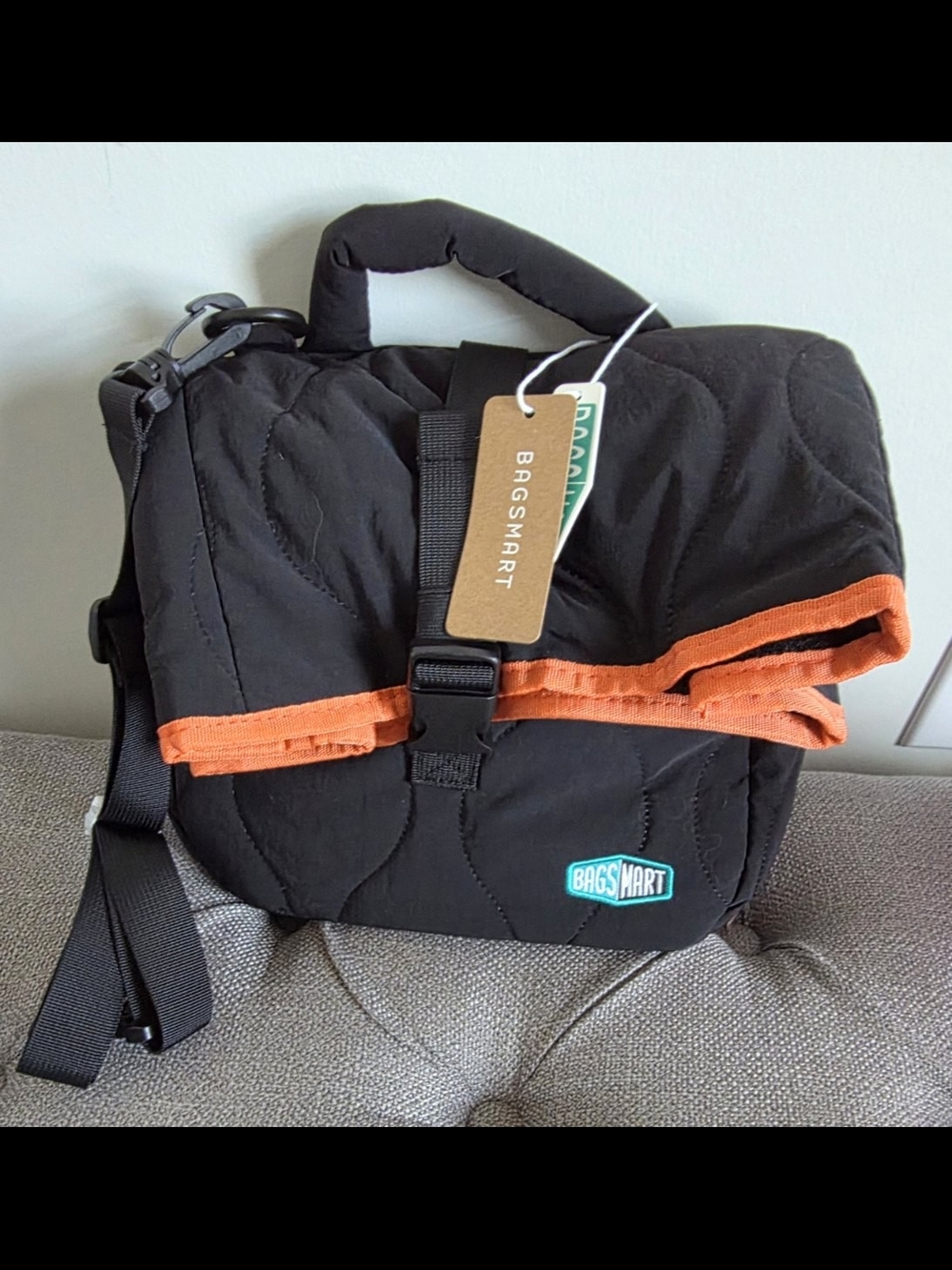 Black Quilted Crossbody Lunch Bag with Orange Trim